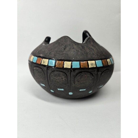 Black Ceramic Bowl Pot w/Blue Squares Geometric Signed Vtg MCM Blackware Native? - Picture 2 of 16